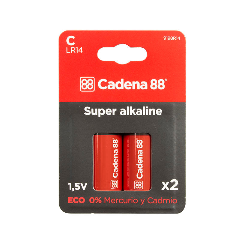 Blíster de 2 pilas alcalinas Cadena 88 tipo C LR14 de 1.5V, 0% mercurio y cadmio, color rojo y negro.