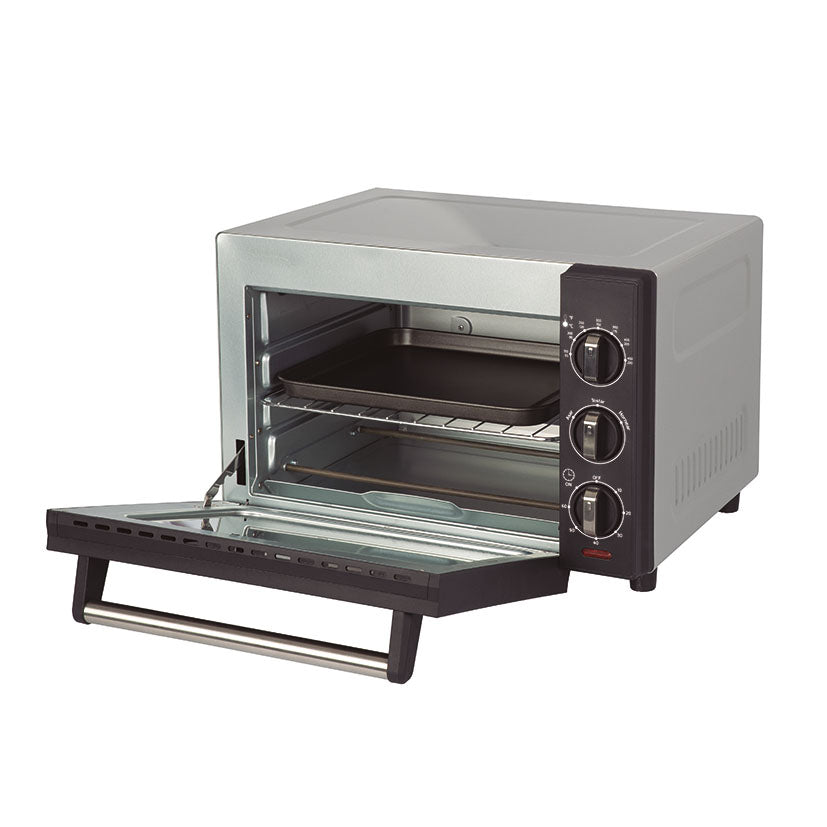 Horno de sobremesa Habitex con puerta abierta mostrando bandeja y rejilla de horneado