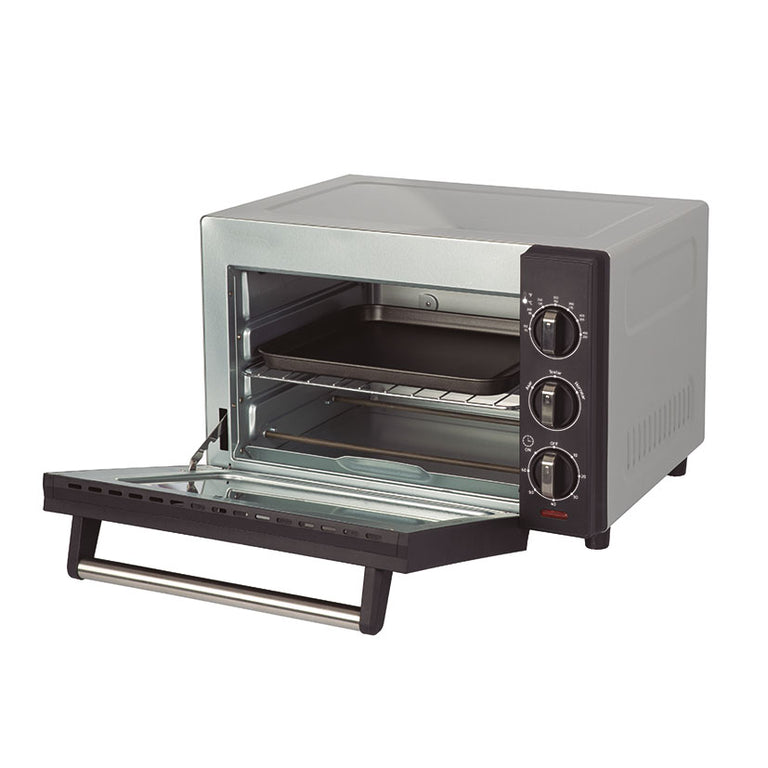 Horno de sobremesa Habitex con puerta abierta mostrando bandeja y rejilla de horneado