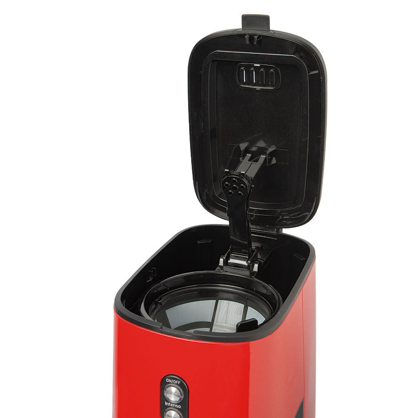 Detalle superior de cafetera Habitex con tapa abierta y compartimento para filtro de nilón.