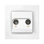 Detalle frontal de toma TV y R Simon 10 acabado blanco