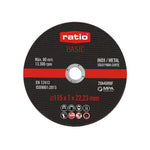 Vista frontal de un disco de corte RATIO Basic de 115x1 mm con especificaciones técnicas.