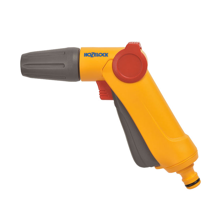 Pistola de riego Hozelock Jet Spray amarilla y gris con gatillo rojo y control de flujo ergonómico