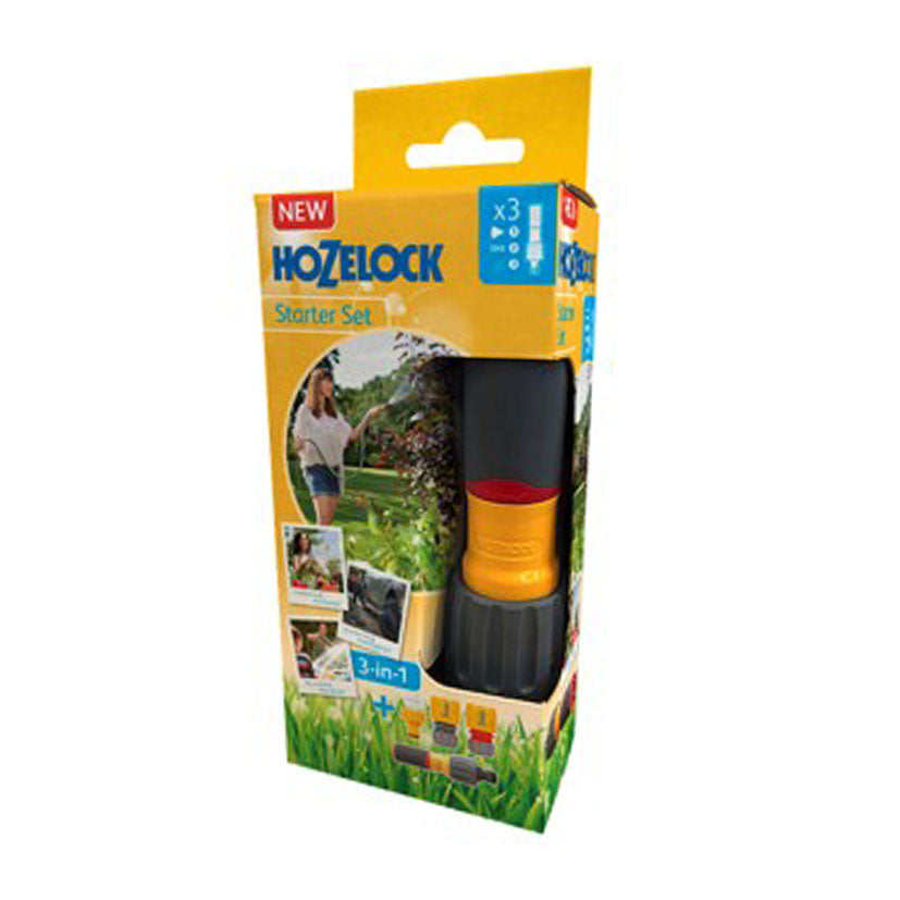 Embalaje original Hozelock Starter Set 3-in-1 mostrando modos de uso en limpieza y riego
