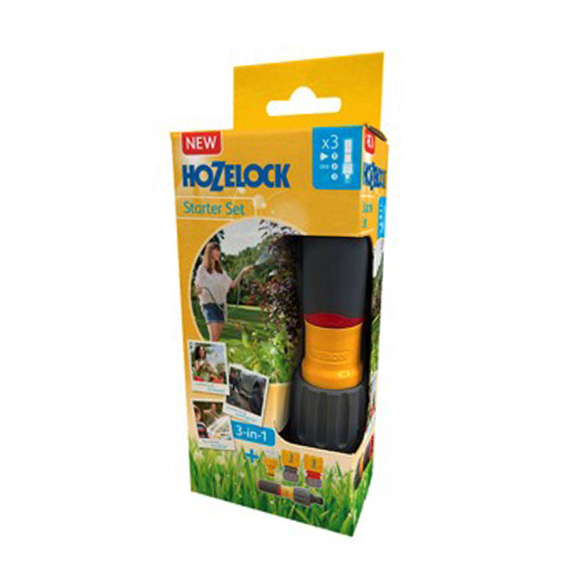 Caja del kit de inicio Hozelock Starter Set con lanza ajustable y conectores para manguera