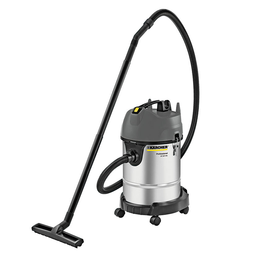Aspirador industrial Kärcher NT 30/1 Me Classic con depósito de acero inoxidable y accesorios de limpieza.