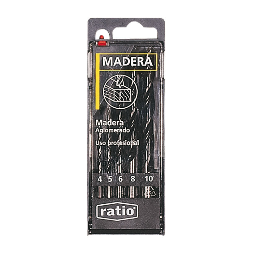 Estuche de 5 brocas para madera RATIO con medidas de 4 a 10 mm y punta de centrado