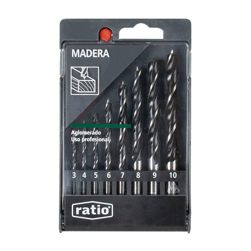 Juego de 8 brocas para madera RATIO de 3 a 10 mm fabricadas en acero cromo-vanadio con estuche protector.