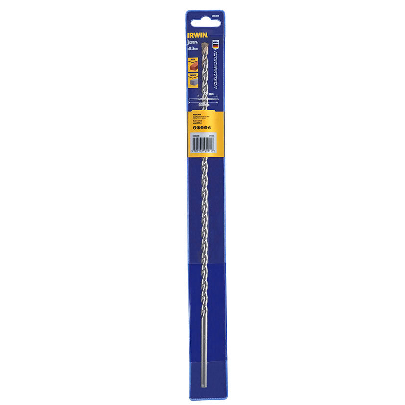 Blíster de broca IRWIN Joran Masonry 8x400mm con especificaciones técnicas visibles.