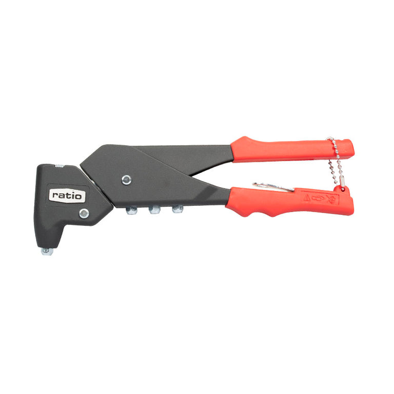 Remachadora profesional RATIO 6991 con cabezal giratorio 360 grados y mangos ergonómicos rojos.