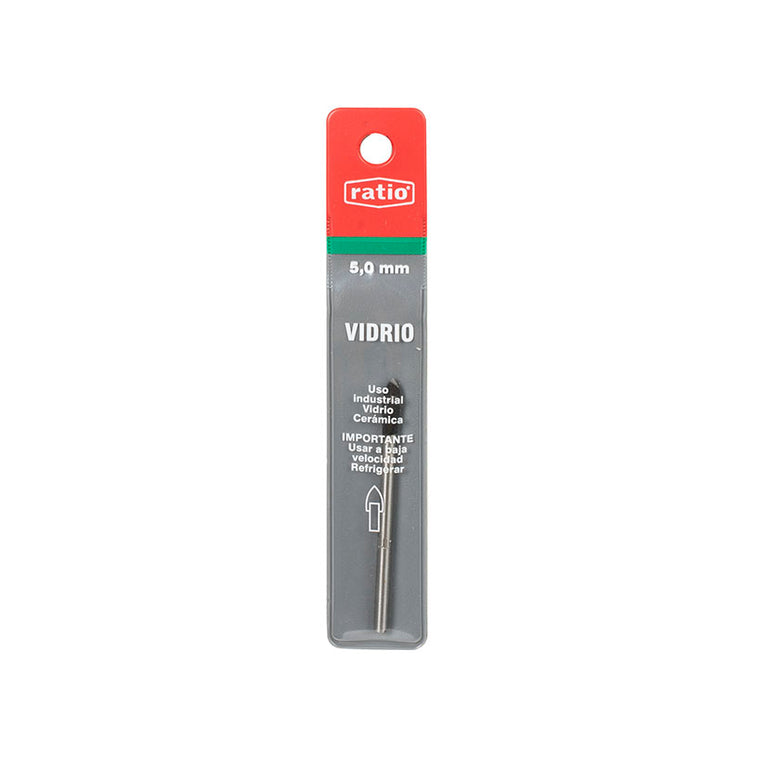 Presentación en blíster de broca RATIO 5mm para vidrio con instrucciones de seguridad y refrigeración.