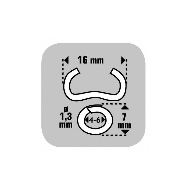 Medidas detalladas grapa Omega 16mm, diámetro 1,3mm y diámetro de cierre de 4 a 6mm.