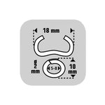Infografía técnica grapa Omega 18mm, diámetro 2mm y capacidad de cierre entre 5 y 8mm.