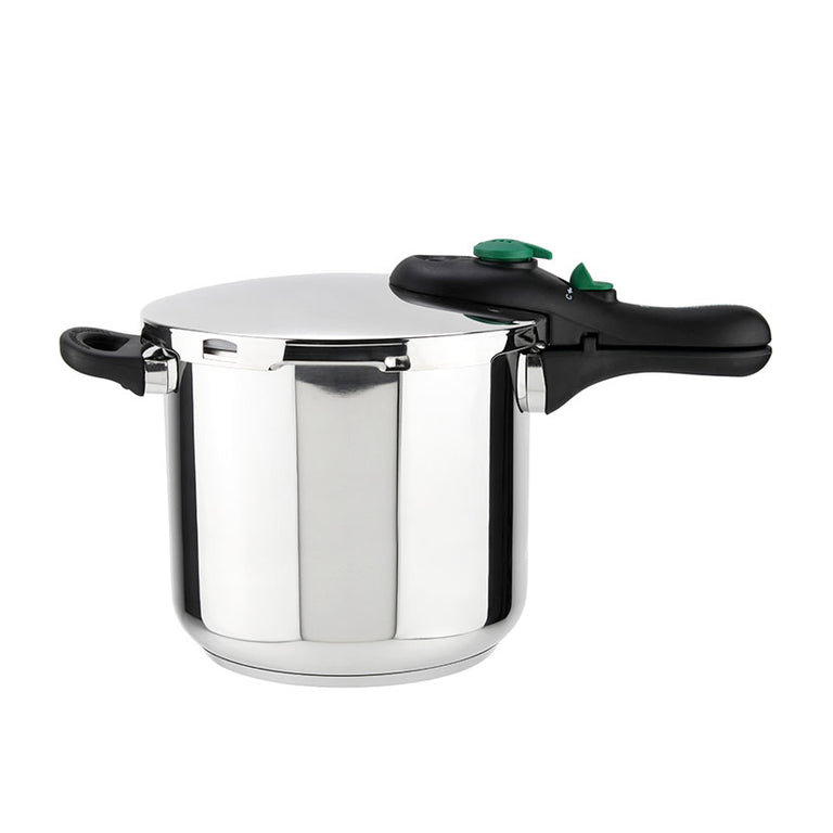 Olla a presión Magefesa Dynamic de acero inoxidable con mango ergonómico negro y detalles verdes