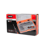 Caja del kit de precisión RATIO 39 en 1 mostrando el contenido y el mango ergonómico de la herramienta.