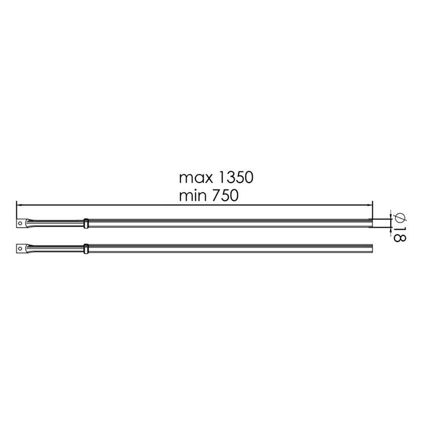 Plano técnico de barras ajustables MOIA con dimensiones de 750mm a 1350mm y diámetro de 18mm