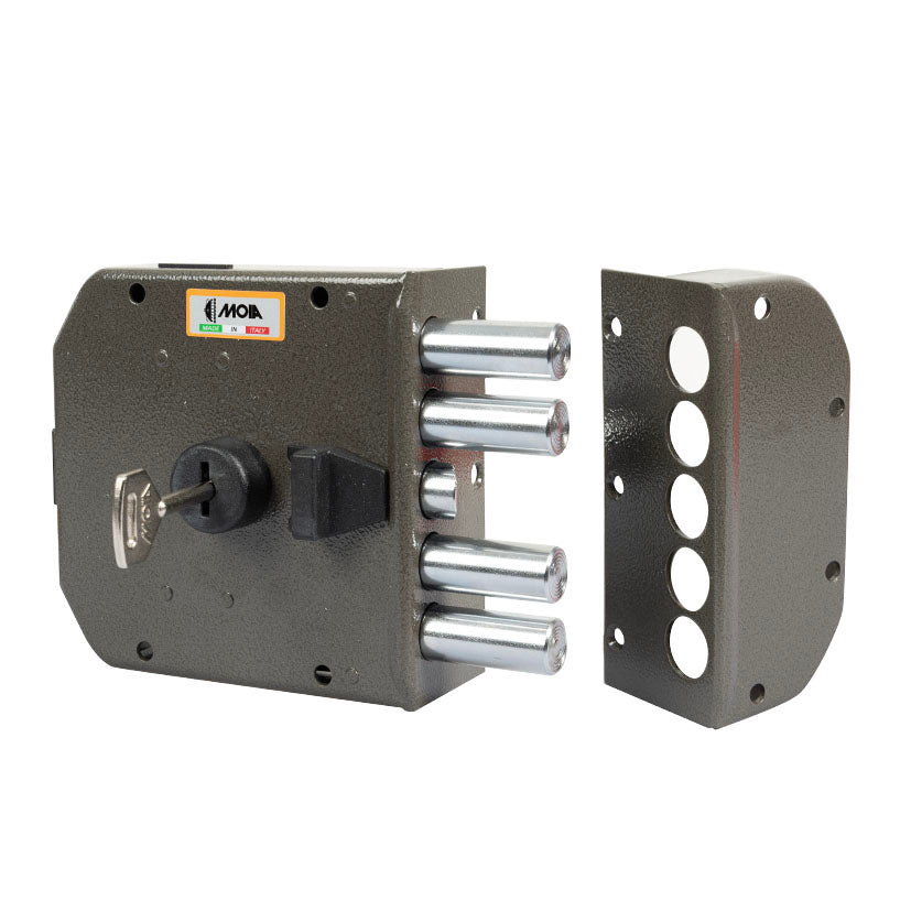 Cerradura MOIA 432 seguridad para puertas de madera vista lateral con llave insertada