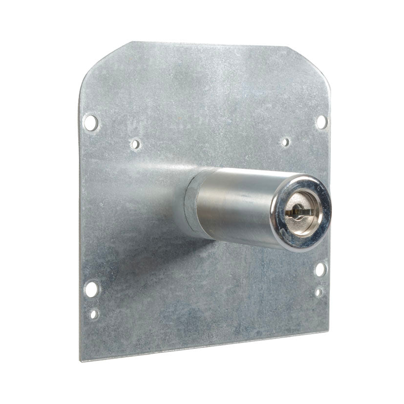 Cilindro para cerradura de sobreponer MOIA Serie 400 en acero niquelado con placa de montaje.