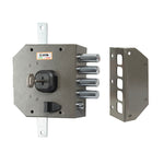 Cerradura MOIA 634 vista lateral con llave insertada y barras de extensión para 3 puntos