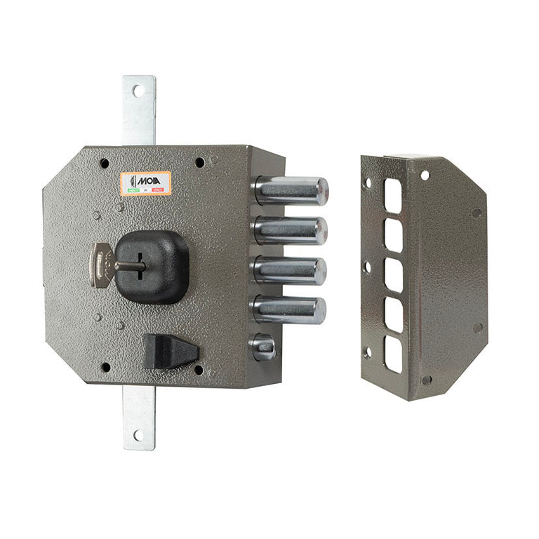 Cerradura MOIA 634 vista lateral con llave insertada y barras de extensión para 3 puntos