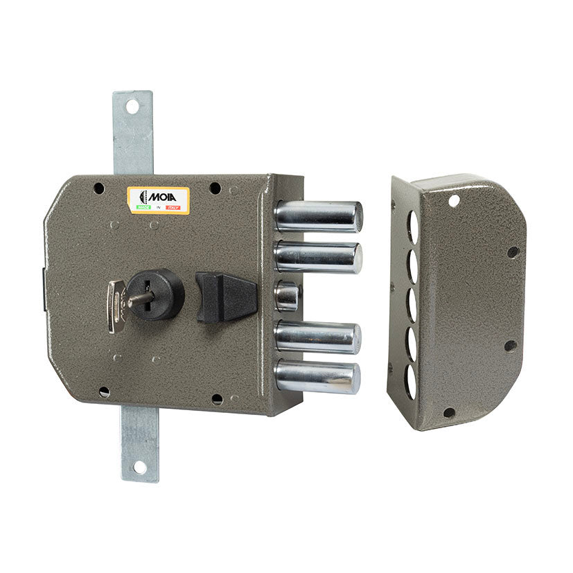 Cerradura de seguridad MOIA 434 mano derecha vista frontal con llave insertada y picaporte