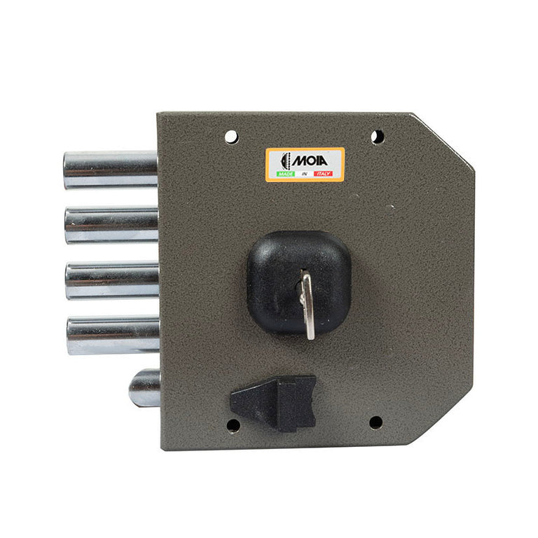 Vista frontal de cerradura MOIA 632 con llave de seguridad y tirador de polímero negro.