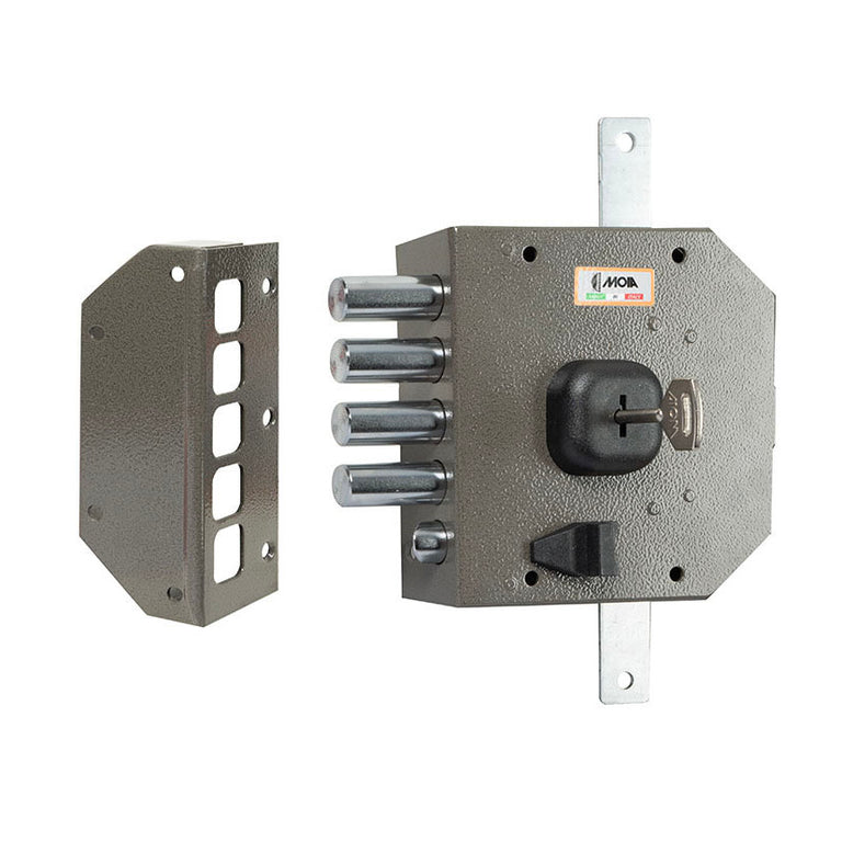 Cerradura de sobreponer MOIA 634 con 4 bulones de acero y cerradero lateral reforzado