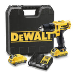 Vista lateral del taladro DEWALT 10.8V XR con batería de carril instalada y detalles del portabrocas de 10mm.