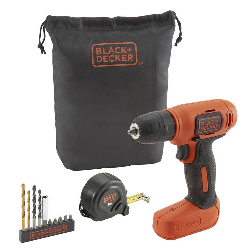 Taladro atornillador BLACK+DECKER 7.2V con accesorios, flexómetro y bolsa de transporte negra