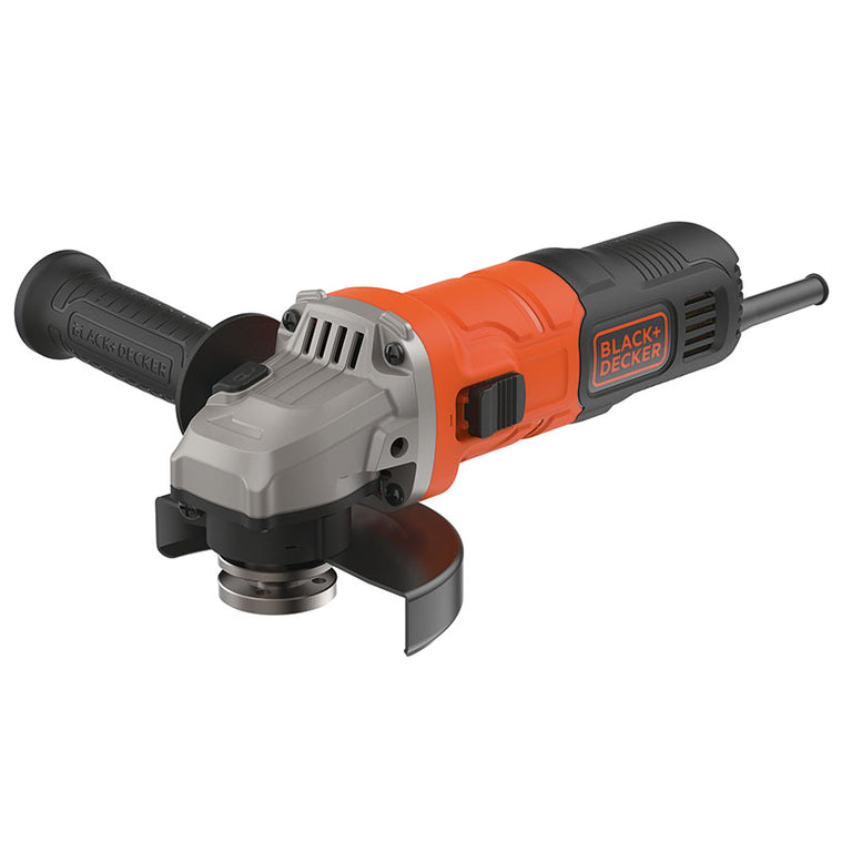 Mini-amoladora Black+Decker BEG010-QS de 710W y 115mm con empuñadura lateral y diseño ergonómico naranja y negro.