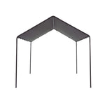 Vista frontal de pérgola de jardín con techo a dos aguas asimétrico en gris