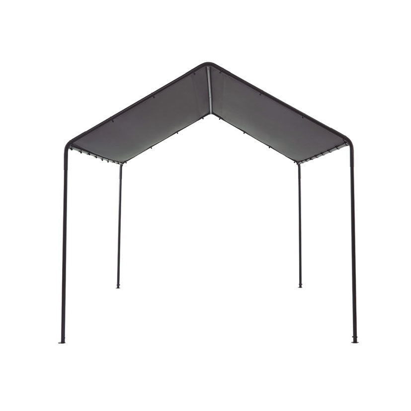 Vista frontal de pérgola de jardín con techo a dos aguas asimétrico en gris