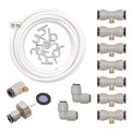 Contenido completo del kit de nebulización Drip & Fresh con tubería de 10m, toberas de latón y accesorios de conexión rápida.