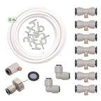 Contenido completo del kit de nebulización Drip & Fresh con tubería de 10m, toberas de latón y accesorios de conexión rápida.