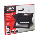 Caja del producto Barbacoa BBQ plegable con dimensiones 45x35x30 cm e instrucciones de montaje