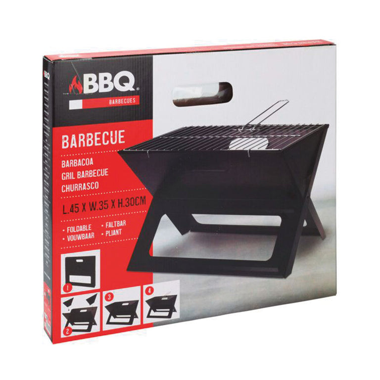Caja del producto Barbacoa BBQ plegable con dimensiones 45x35x30 cm e instrucciones de montaje