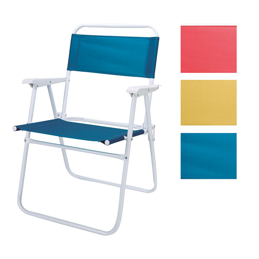 Silla de playa plegable azul con brazos y estructura blanca metálica en colores surtidos