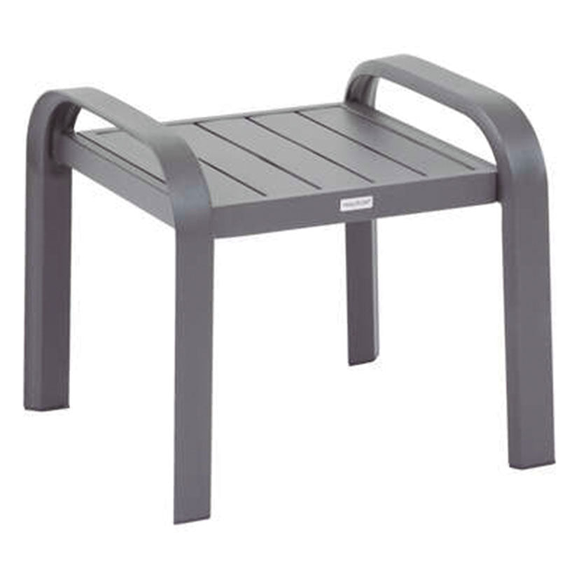 Mesa auxiliar de jardín metálica color antracita con diseño de lamas y estructura robusta.
