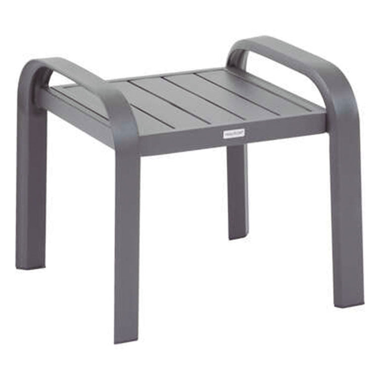 Mesa auxiliar de jardín metálica color antracita con diseño de lamas y estructura robusta.