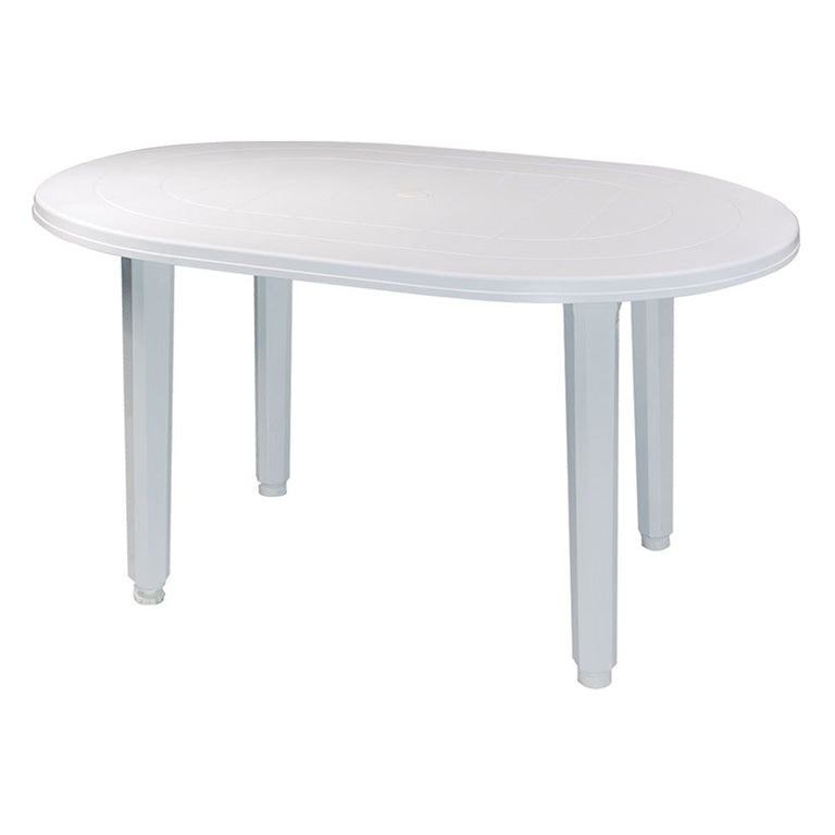 Mesa de resina ovalada blanca para jardín 130x90 cm con patas extraíbles y protección UV