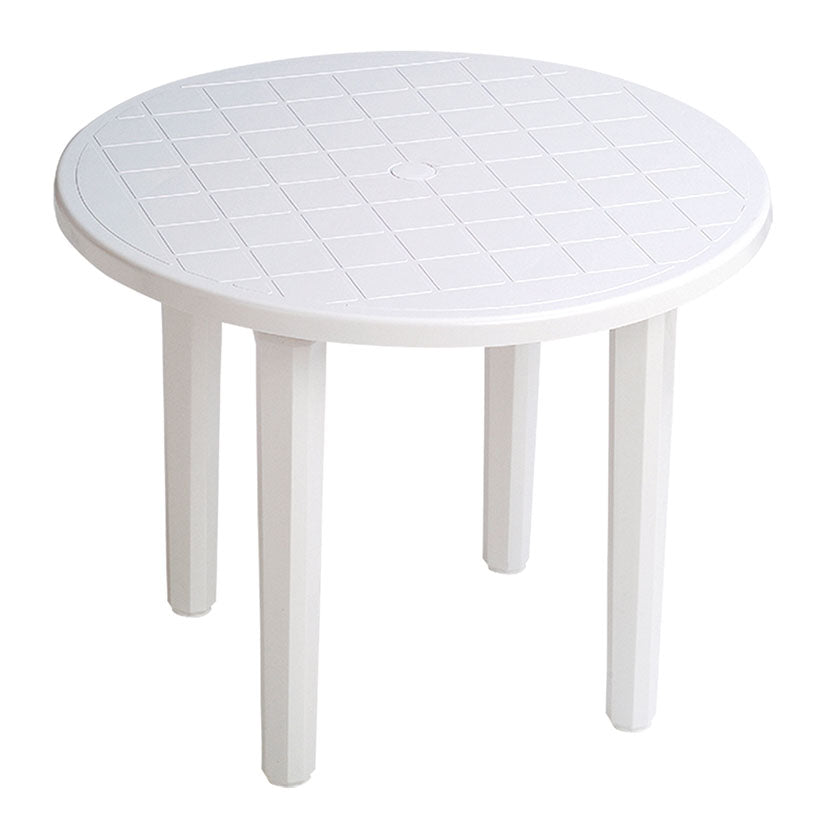 Mesa redonda de resina blanca Garden Life de 90 cm con patas extraíbles y protección UV para jardín