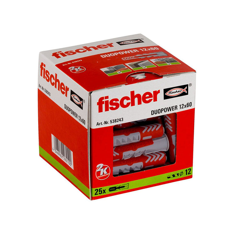 Envase de 25 unidades de tacos Fischer Duopower medida 12x60 mm de alta resistencia