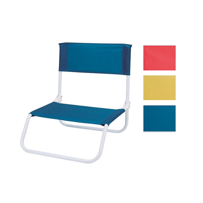 Silla de playa plegable azul con estructura blanca y muestras de colores rojo y amarillo