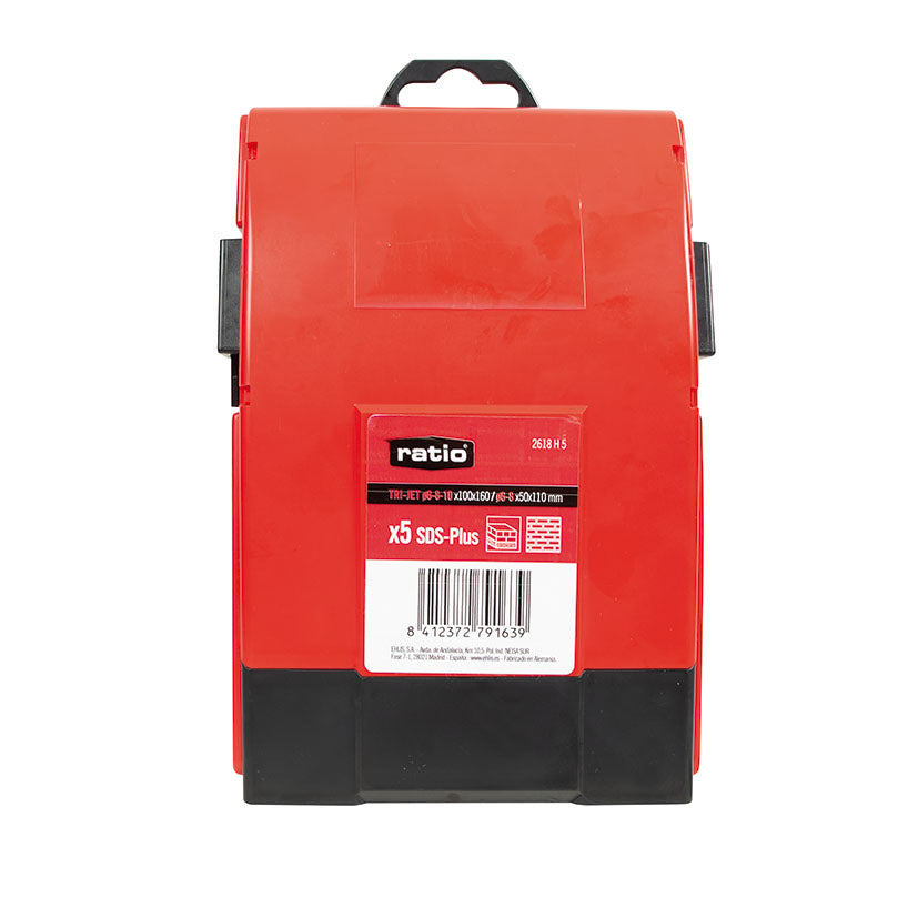 Vista frontal del estuche de 5 brocas de percusión RATIO SDS Plus Trijet