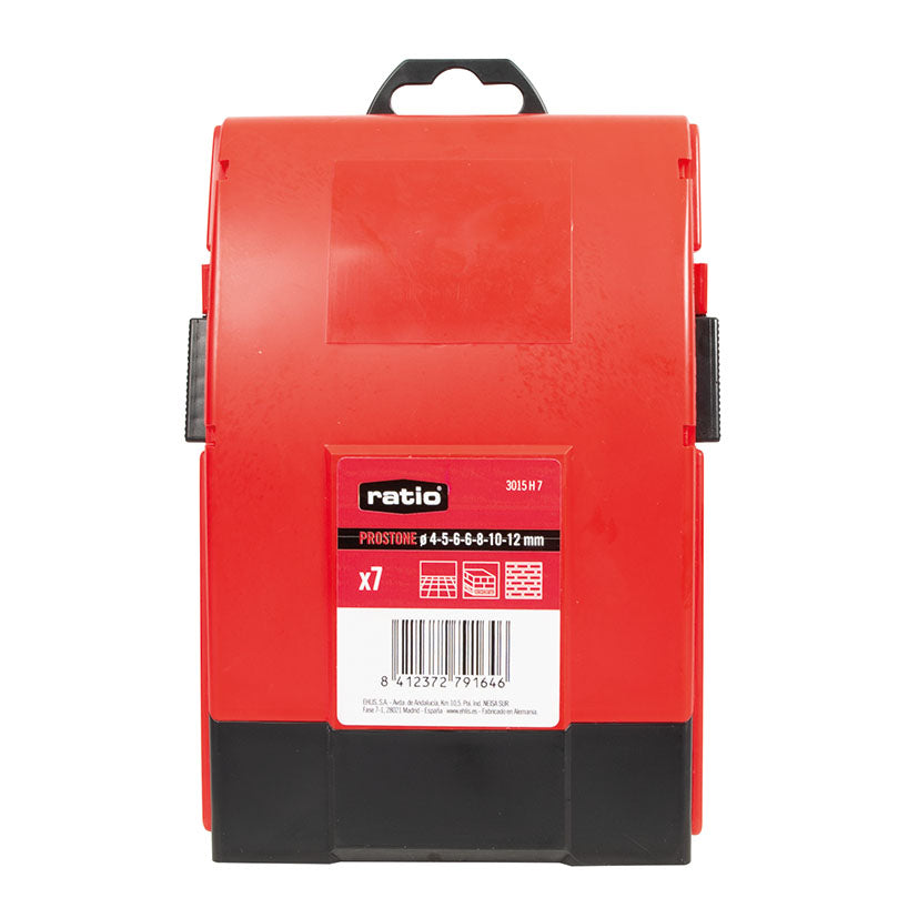 Caja de transporte roja y negra para brocas RATIO Prostone con especificaciones técnicas visibles.
