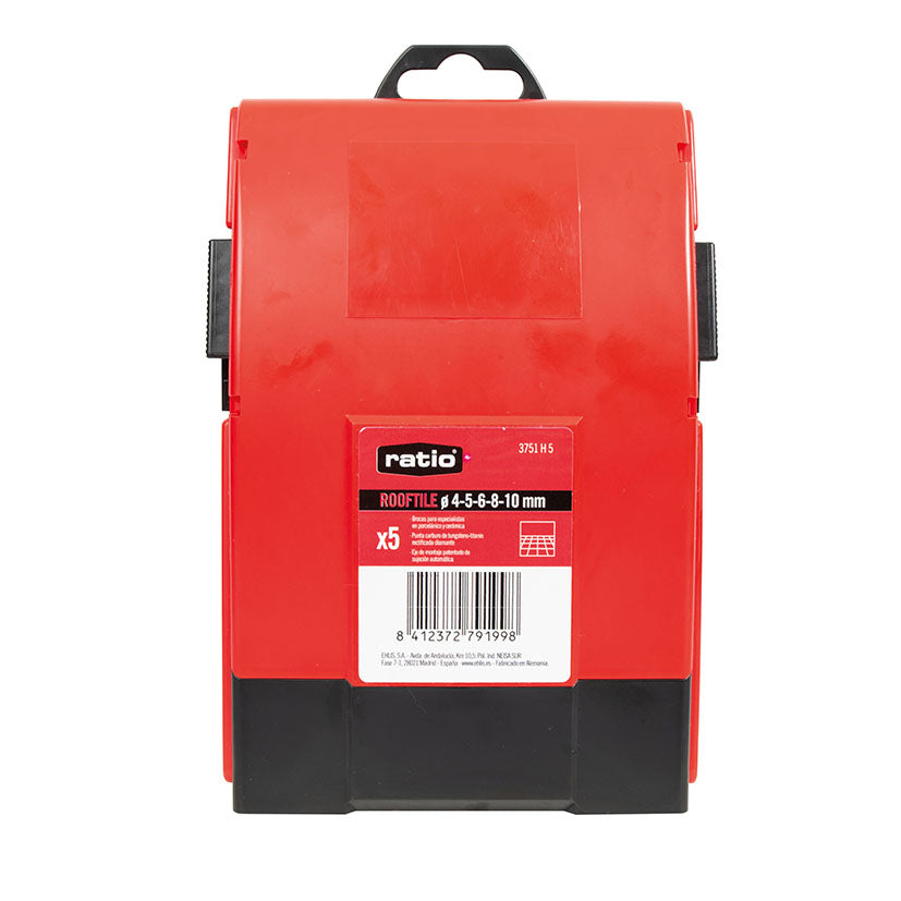 Caja de transporte roja y negra para brocas RATIO Rooftile con etiqueta técnica y código de barras