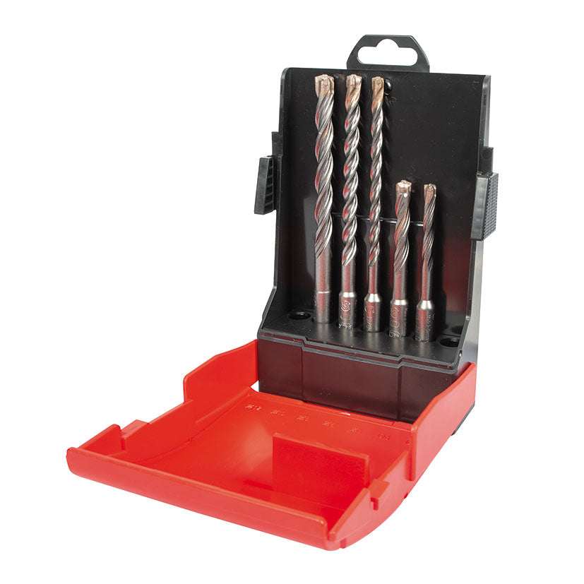 Estuche abierto con juego de 5 brocas RATIO SDS Plus Trijet para hormigón