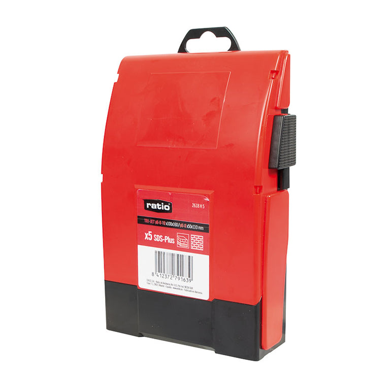 Caja roja protectora de brocas SDS Plus Trijet RATIO con etiqueta técnica
