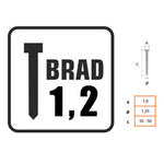 Esquema técnico de dimensiones clavo Brad 1.2 con medidas de cabeza y sección