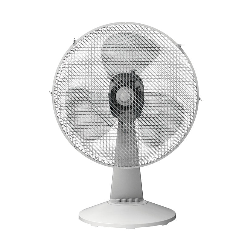 Vista frontal de ventilador Habitex SO40 blanco mostrando las aspas y el cabezal oscilante
